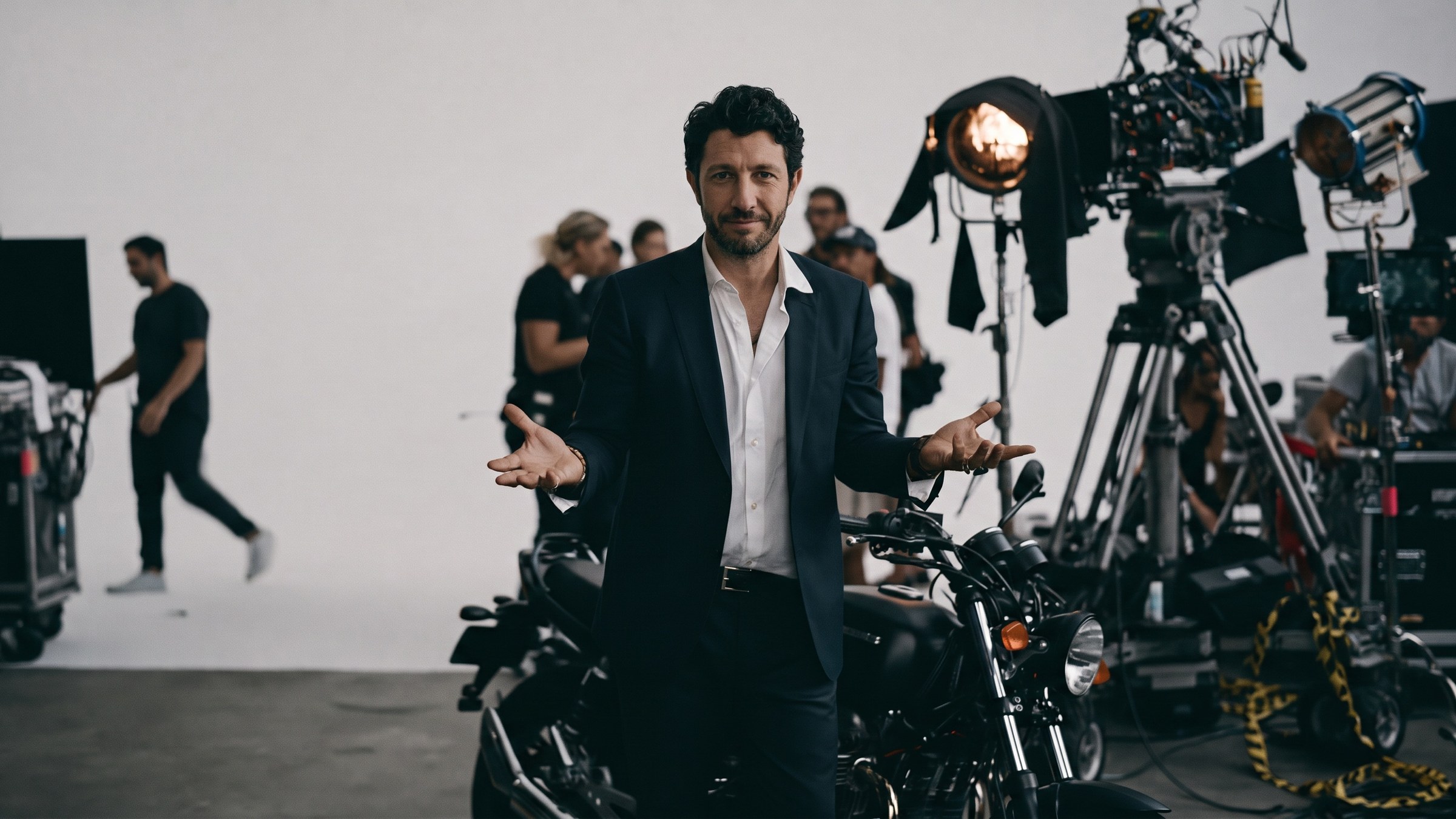 Ele em pé no set, de blazer, braços abertos para a câmera, com a moto e todo o aparato de filmagem atrás.