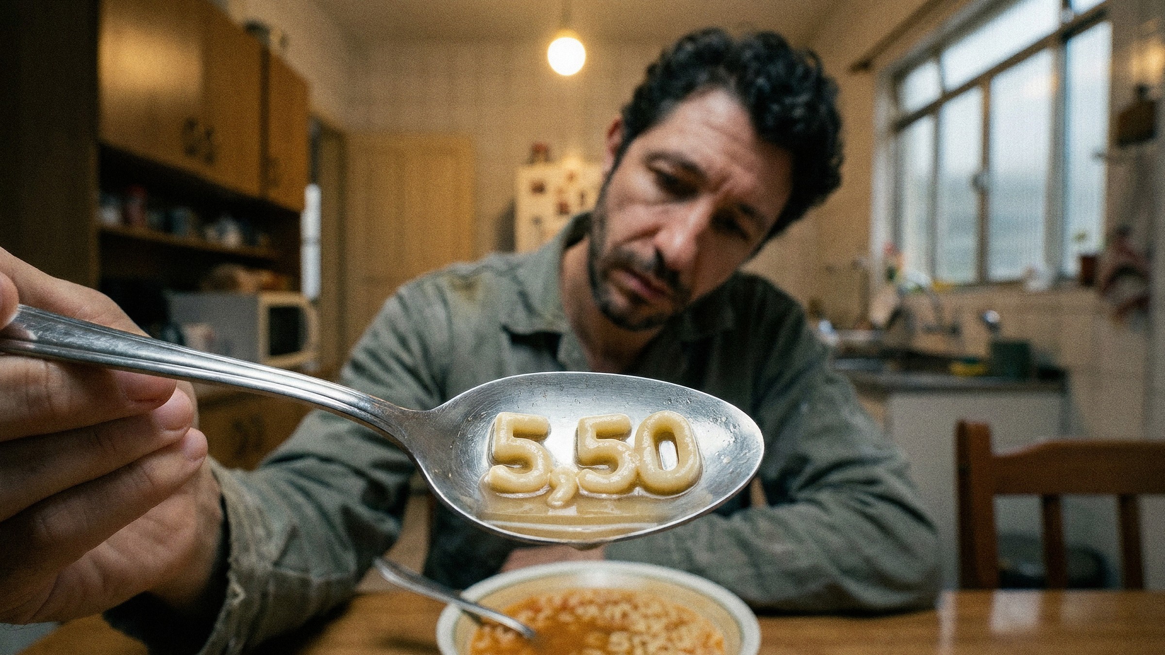 A colher em primeiro plano com o 5,50 formado nas letrinhas, e ele desfocado atrás, olhando para ela.