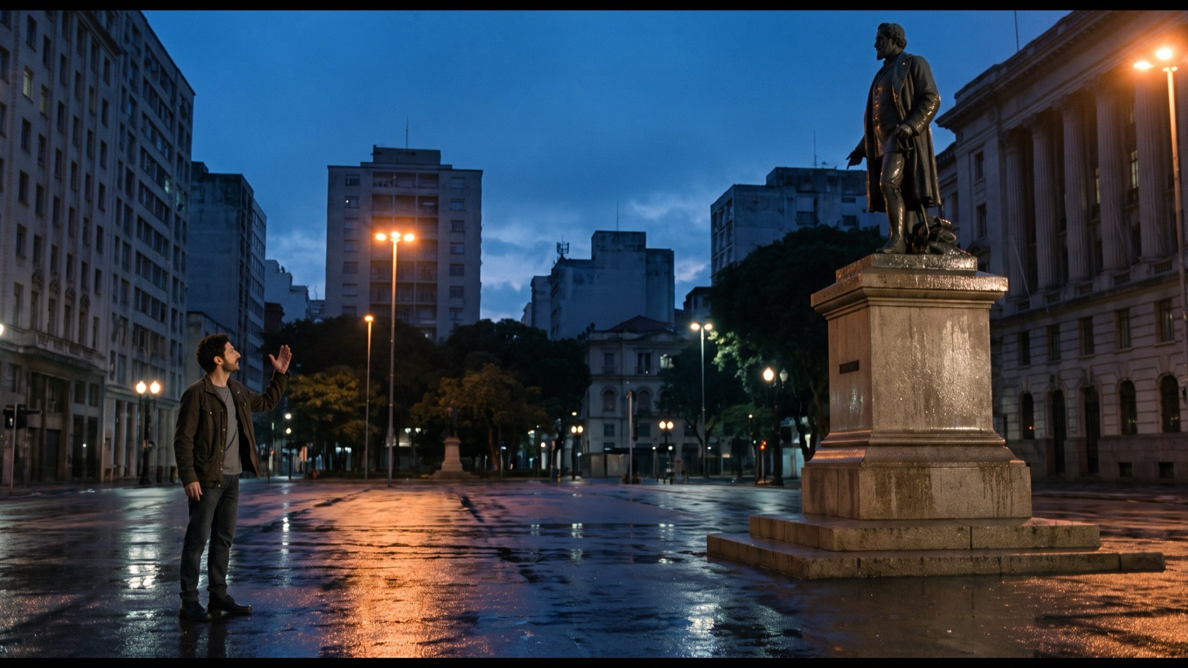 Praça vazia de madrugada, ele pequeno no quadro discutindo com uma estátua.