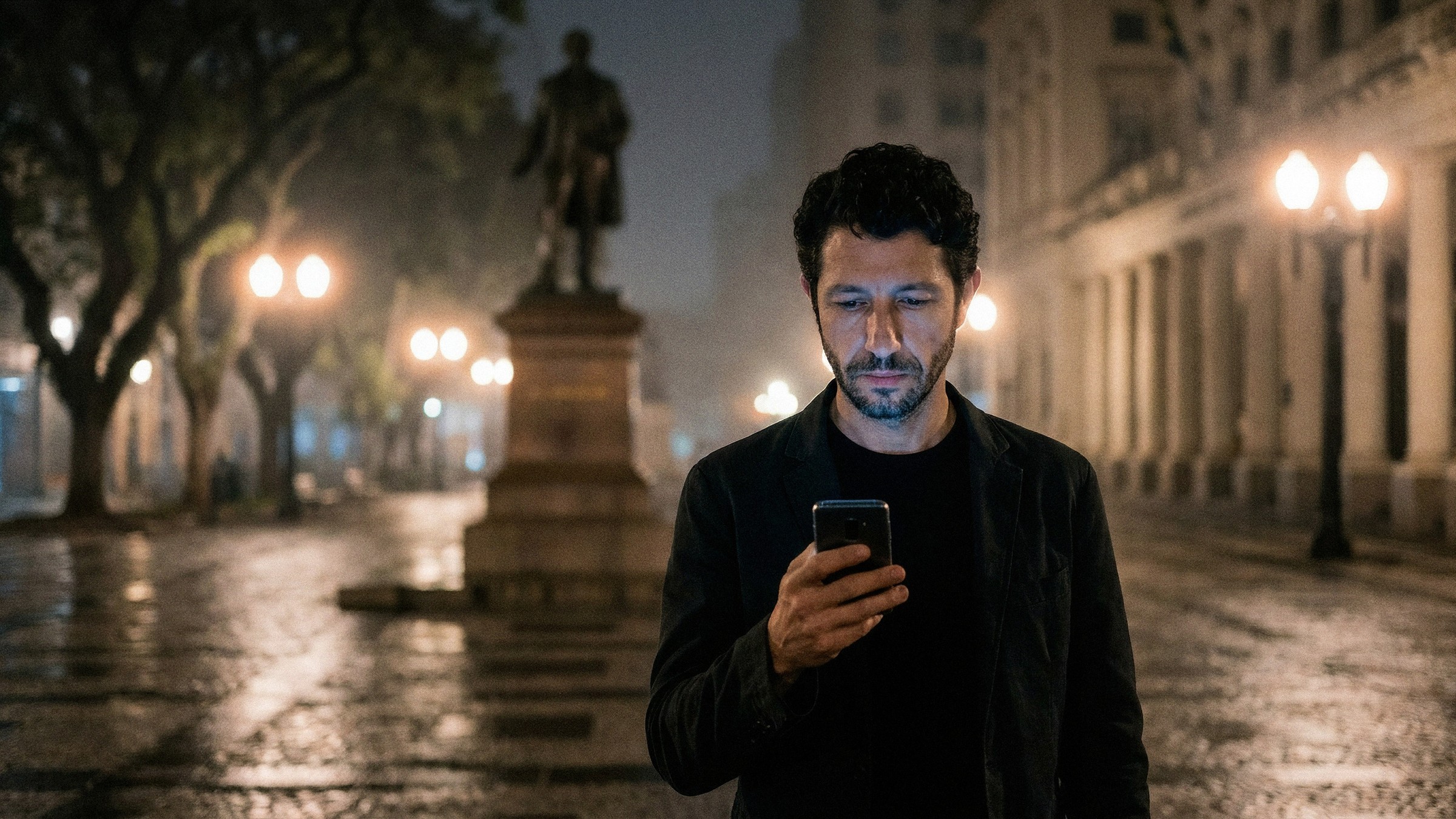 Plano médio dele na praça à noite, celular na mão, a tela iluminando o rosto, a estátua desfocada atrás.