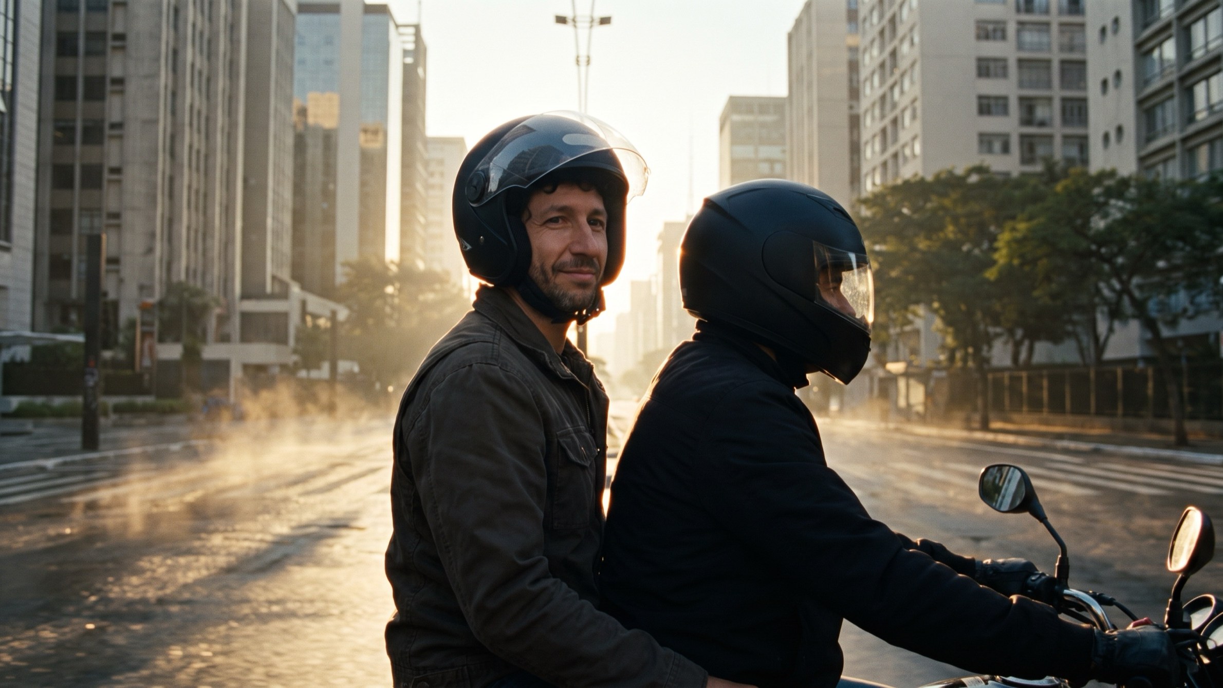 Ele de capacete na garupa de uma moto, saindo pela avenida no nascer do sol de São Paulo.