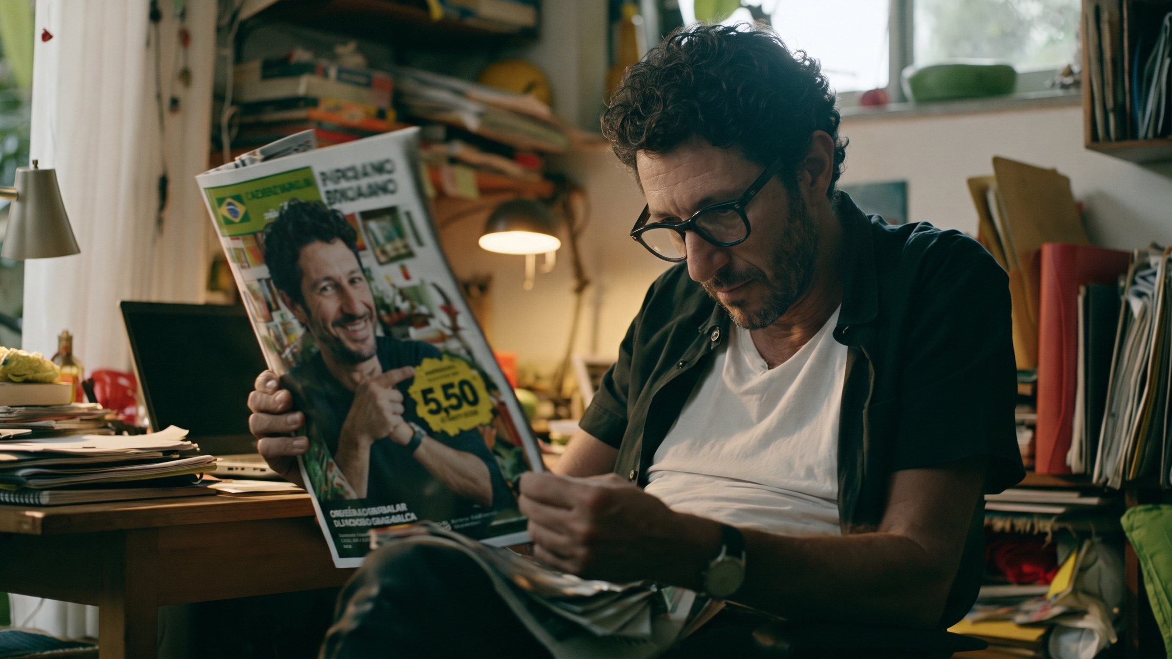 Ele sentado lendo a revista com a própria foto na capa, perplexo.