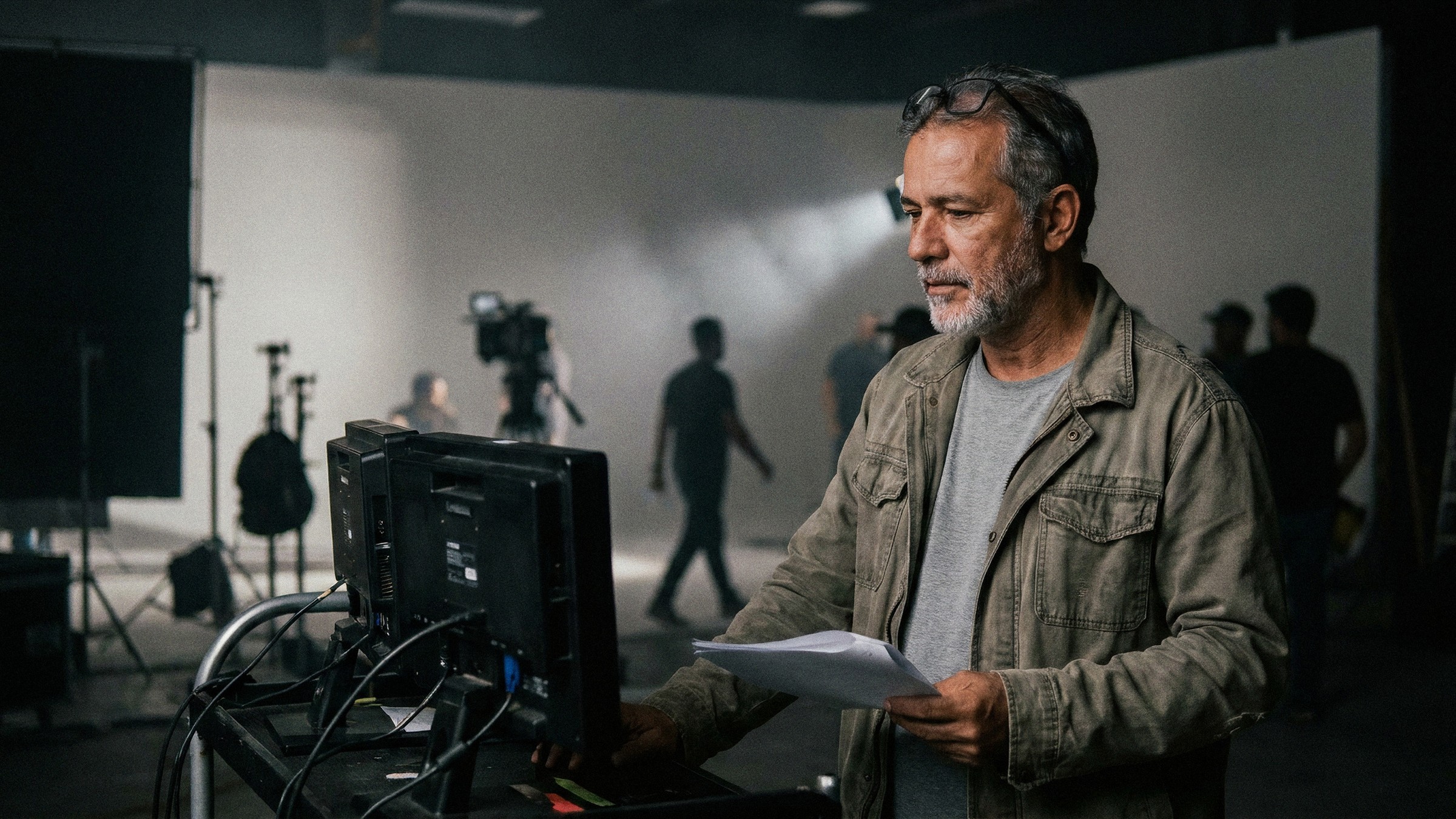 O diretor dentro do filme: homem de cinquenta e poucos, grisalho, roteiro na mão, olhando o monitor no set.