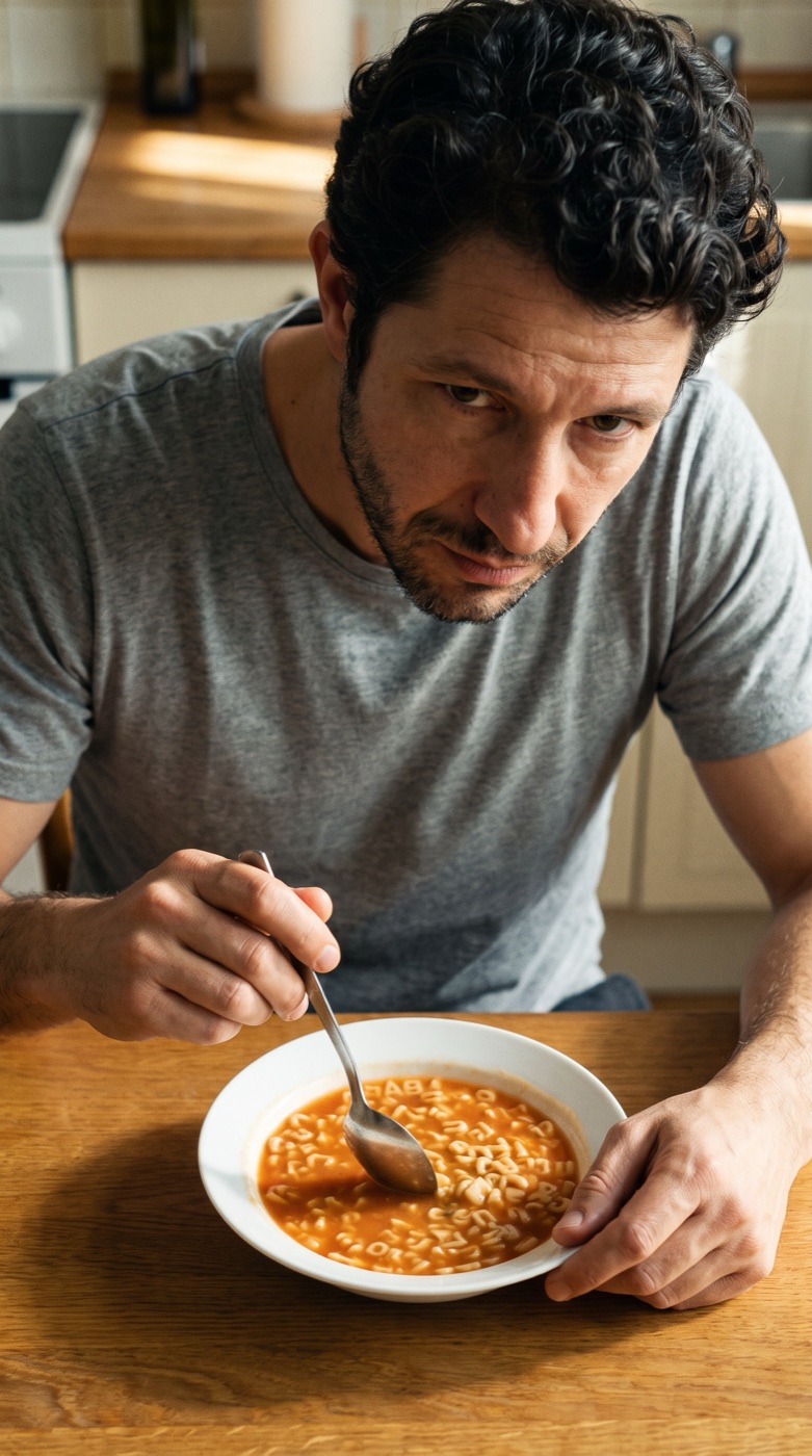 Ele revolvendo a sopa de letrinhas com a colher, procurando alguma coisa.