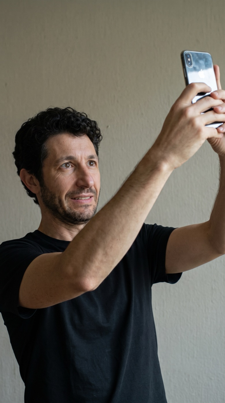 Ele com o celular no braço estendido, tentando gravar como criador de conteúdo.