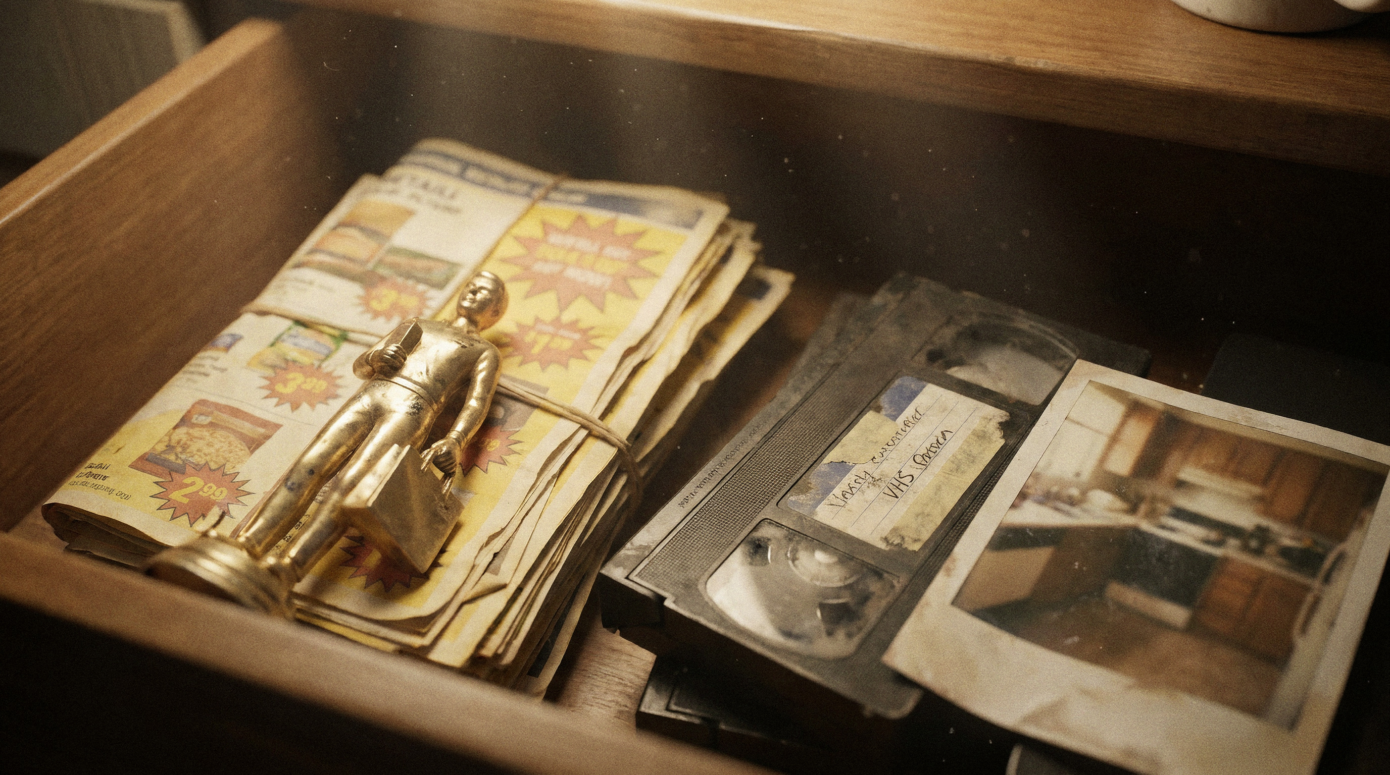 Dentro da gaveta: troféu de vendedor, encartes, uma fita VHS.